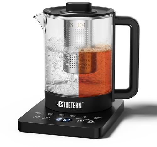 Aesthetern Electric Tea Kettle with Infuser Temperature Control and Automatic Shut Off 24 H Keep Warm for Coffee Water Heater and Tea Pot Glass Black 1.5L