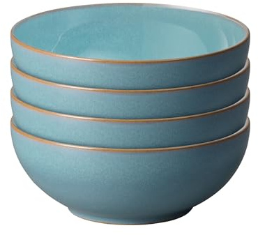 Denby - Azure Coupe Set of 4 Cereal Bowls - Dishwasher & Microwave Safe Ceramic Crockery - Powder Blue Glaze Bowls for Soup, Rice - Chip & Crack Resistant Stoneware for Everyday - L17xW17xH6.5cm