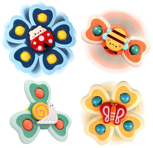 Saugnapf Spielzeug Baby 4 Stück Saugnapf Spinner Spielzeug für Baby | Saugspielzeug Sicheres Badewannenspielzeug für Bad Fenster Hochstühle Flugzeug Reise Kleinkinder 1-3 Geburtstagsgeschenk