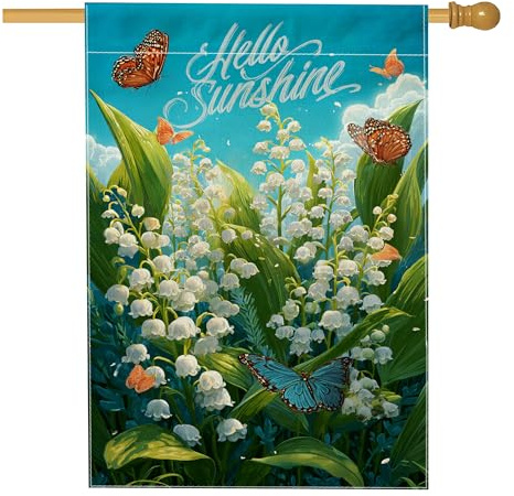 Hello Sunshine Gartenflagge, lebendige blaue Lilien, Schmetterlinge, Outdoor-Dekoration, doppelseitiges Sommer-Banner, naturinspirierte Rasendekoration, 71,1 x 101,6 cm