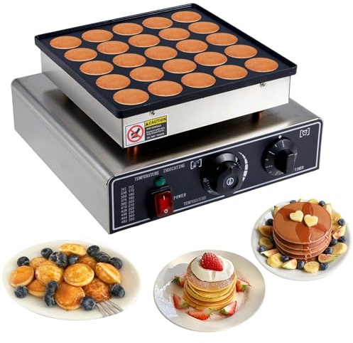 Sunseota Mini crêpière hollandaise, diamètre 45 mm, 900 W/1800 W, Acier Inoxydable antiadhésif, Double réglage de la température et du Temps, pour la Cuisine et Le Restaurant 25holes