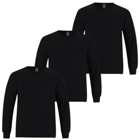 3 Pairs Mens Long Sleeve T-Shirt Top Cuffed Crew Neck Plain Jersey Tee Top Adults Casual Wear (Black, L)