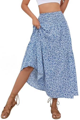 PRSFPN Women's Boho Maxi Skirt Floral Printed Smocked High Waist Long Skirts with Pockets Flowy Ruffle A-Line Summer Beach (Blue Floral, Large)