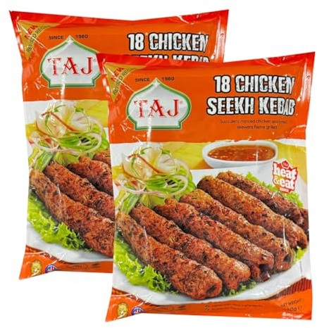 Taj 18's Chicken Seekh Kebab 630g Frozen Halal Ready to Cook Indian Appetizer High Protein Snack and Starter Pack of 2