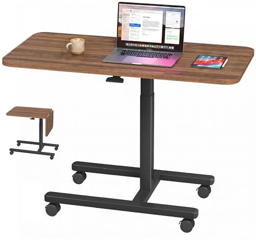 Klyvvo Tavolino Letto Regolabile in Altezza, Ampio Piano 100cm, con Ruote Freno, Pistone, Scrivania Computer Forma C Robusta, Tavolo Divano Mobile per Soggiorno, Camera Letto,Colore noce