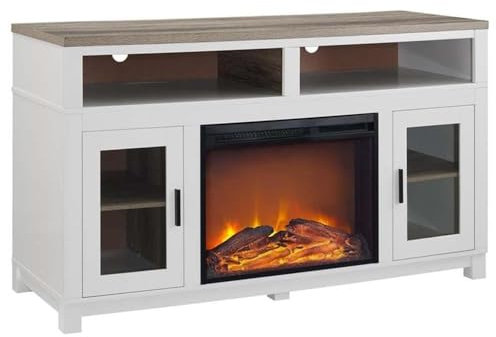 Ameriwood Home Carver Fireplace TV Stand for TVs up to 60 Inch, Replaceable Electric Fireplace Insert Heater, Remote Control, Timer, Realistic Log and Flame Effect, for Living Room or Bedroom, White