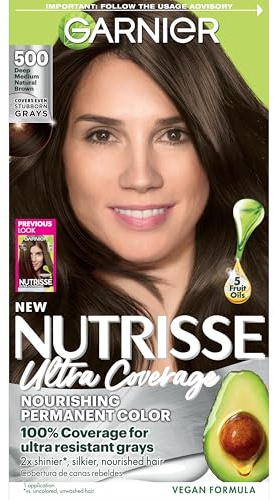 Garnier Nutrisse Ultra Coverage Hair Color, Permanent Hair Dye for Up to 8 Weeks of Stubborn Gray Coverage, Vegan & Cruelty-Free, 500 Deep Medium Natural Brown (Glazed Walnut), 1 Count