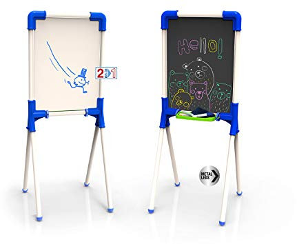 Chicos - Lavagna per Bambini 2 in 1 Reversibile | Per gessi e pennarelli | Include 10 gessetti, pennarello e panno | Cavalletto in metallo | 3+ anni (53029)