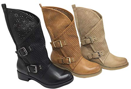 Stivali Primaverili Estivi da Donna Traforati Biker Motociclista Moda Nero Nuovi Estate novità Nero Beige Tacco Basso Comodi Fibbia YY6821
