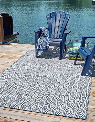 Unique Loom Outdoor Trellis Collection Area Rug - Deco Trellis (5' 1 x 8' Rectangle, Blue/ Ivory)