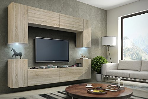 Furnitech Ensemble Meuble TV Mural Suspendu Salon – Meuble Salon Design Moderne avec colonnes, vitrines et rangements – Mobilier sans éclairage LED – Future C1/S/M4 1B
