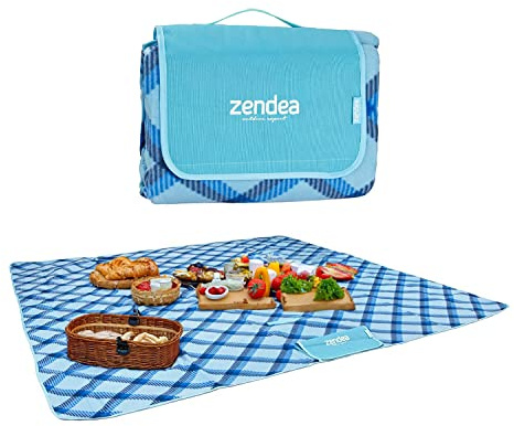 Zendea Coperta da Picnic Impermeabile 200x200 cm - Resistente alla Sabbia, Design Elegante a Quadretti Blu e Bianco, Ideale per Matrimonio, Spiaggia, Parco, Campeggio