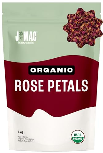 J MAC BOTANICALS, Organic Rose Petals (4 oz) Certified USDA Organic, edible, culinary grade dry rose petal, herbal tea, cooking and crafts