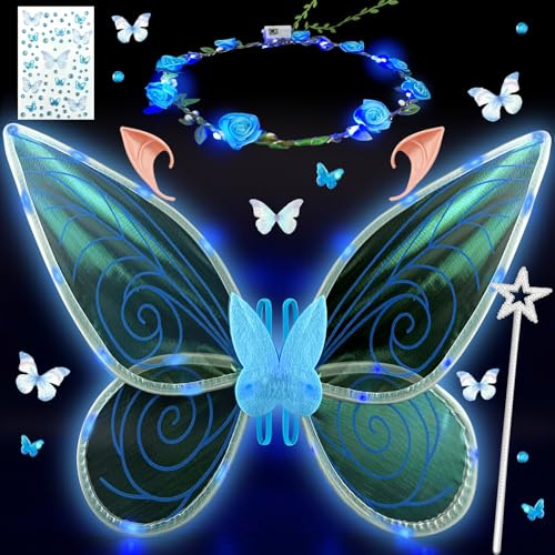 YeahBoom LED Feenflügel Leuchtende,Schmetterlingsflügel mit Elfenöhren,LED Fee Stirnband und Sterne Feenstäbe,Schmetterlingsflügel,Prinzessinnenflügel,Flügel Kostüm für Fasching oder Feen-Mottopartys