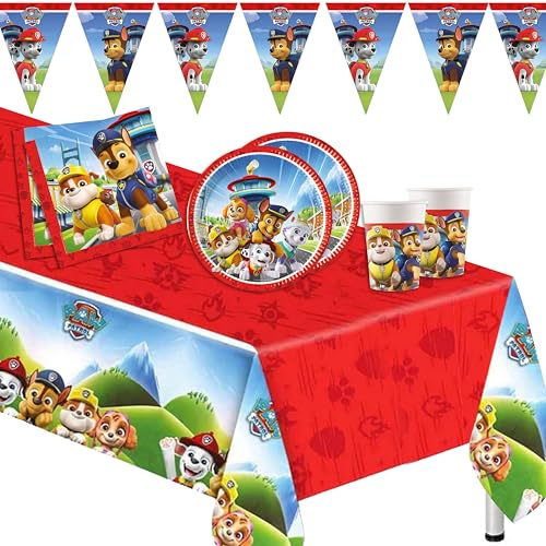 Lage Kit Décoration Fête d’Anniversaire Enfants Pat Patrouille, Couverts Jetables pour 16 Invités, Ensemble de Vaisselle avec 16 Assiettes, 16 Gobelets, 20 Serviettes, 1 Nappe, 1 Guirlande de Fanions