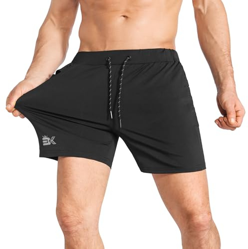 BROKIG Mens Stretch Gym Shorts, Lightweight Running Sport Training Workout Fitness Short Slim with Zip Pocket (M,Black)
