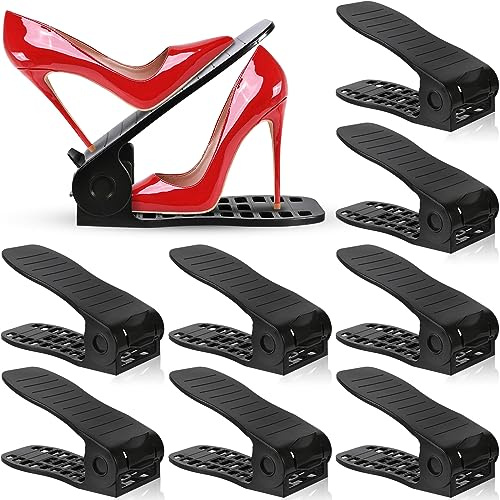 NCKIHRKK 10 Stück Einstellbare Shuhorganizer, Eingedicktes PP-Material, Rutschfest Schuhorganizer, 4 Höhenverstellbar Schuhstapler Platzsparend, Schuhstapler Schwarz