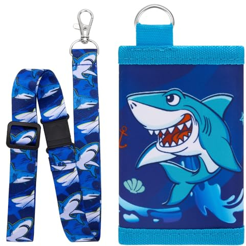 WAWSAM Kids Shark Wallet for Boys Ages 4-12 - Trifold Toddler Wallet with Lanyard, Zippered Coin Pocket, Card Holders - Kids Purse for Men, Christmas Birthday Gift for Children