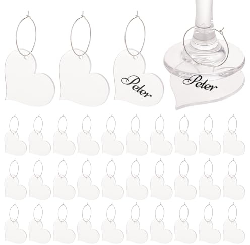 FINGERINSPIRE 40 Stück Weinglasanhänger Marker Etiketten Transparentes Acryl Herzförmige Weinanhänger Mit Eisenring Weinglas Kennzeichnungsschilder Getränkeringanhänger Für Partygeschenke Geschenke