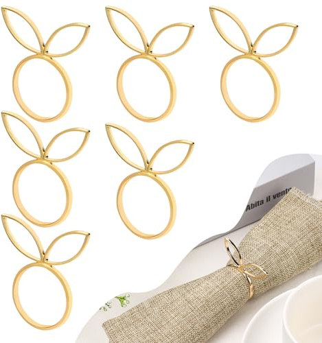 6 Stück Oster Hasen Serviettenringe, Goldene Hasenohr Serviettenringe Halter aus Metall Serviettenringe Niedliche Osterserviettenschnalle Esstischdekoration für Osteressen, Hochzeiten, Partys