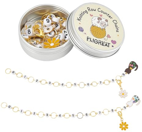 PLIGREAT 2 Sets Daisy Flower Cat Charms Knitting Row Counter Numbers Crochet Locking Stitch Markers Chains with Storage Box for Tailors Grandma Mom Gifts Knitting Tool Kit DIY Crafts Accessories