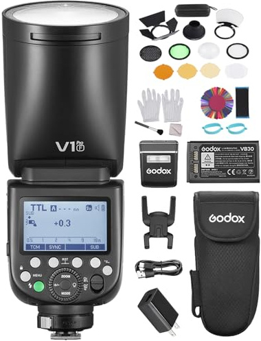 GODOX V1PRO F Blitzgeräte kabelloser Kamerablitz +AK-R1 Kit +24 Stück Rundkopfblitzgels 1/8000 s HSS, M/TTL-Blitzmodus 1,3 s Wiederaufladezeit unterstützt Typ-C-Stromversorgung für FUJIFILM Kameras