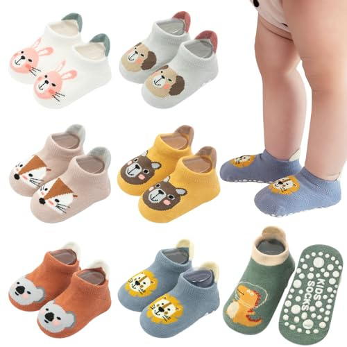 VEGCOO 7 Pares de Calcetines Antideslizantes para Bebé Niño Niña, Calcetines Antideslizantes de Algodón con Estampado de Animales de Dibujos Animados para Niño Niña (3-5 años)