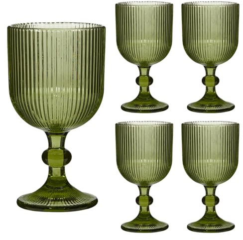 Dibor Ribbed Wine Glasses Set of 4 Mid-Century Modern Style Glassware Wine Glass Goblets Dishwasher Safe Alfresco Dining Coloured Dining Drinking Glasses Set (Green)