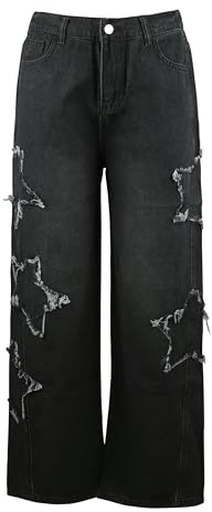 YINGWIN Women's Star Spliced Loose Jean Y2K Jeans Vintage Loose Wide Leg Jeans Grunge Clothes Emo Casual Trousers