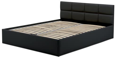 Mebligo - Polsterbett Kunstleder 160x200 mit Bettkasten, Bettgestell, Doppelbett mit Lattenrost, Schlafzimmer Bett mit Kopfteil, Stauraumbett Monos, Bett Ohne Matratze - Schwarz