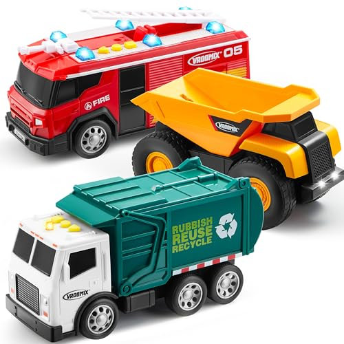 Vroomix 3-Pack Emergency Vehicle Toy Set – Friction Powered Garbage Truck, Fire Truck, and Construction Vehicle with Lights and Sounds – Educational Toy Set for Boys, Xmas for Kids Toddler