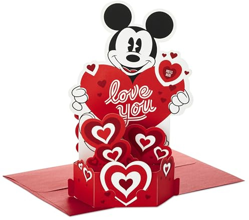 Hallmark Alla hjärtans dag-kort, musikaliska alla hjärtans dagskort, 3D & pop up, lyser upp hjärta, Disney, Musse Pigg, guld, rosa, blå, vit