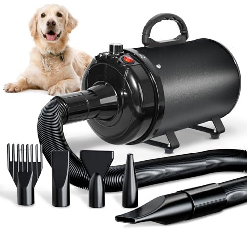 TRIGRAND Asciugacapelli per Cani 3000W Blower Molto Silenzioso velocità Regolabile, Ventilatore per la Cura del Cane con 4 Diversi ugelli e Tubo Elastico