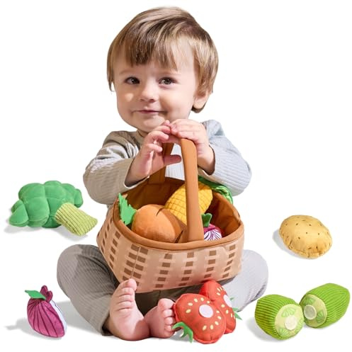 TUMAMA Frutta e Verdura Cesti Giocattolo, Giochi di Ruolo per La Cucina Verdure, Cetrioli, Pomodori, Carote, Patate, Cavolfiore, Mais e Cipolle, Peluche Accessori Giocattoli per Bambini 1 2 3 4 5 6