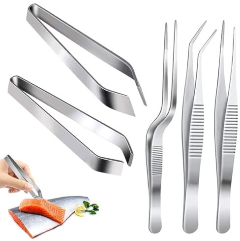 RuiChy Stainless Steel Tongs Tweezers Kit, 2 Pcs Fish Bone Tweezers Flat and Slant Pliers Remover Tool, 3 Pcs Kitchen Tweezer Precision Culinary Tongs for Food Design Styling Chef Cooking Utensils