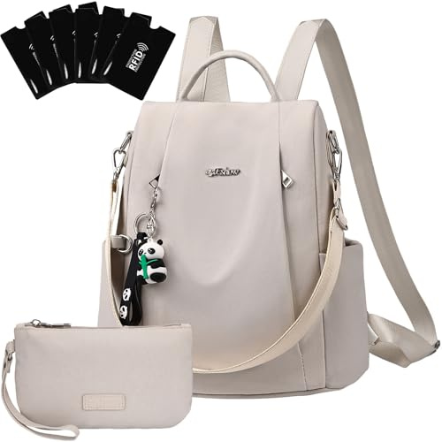 Eshow Rucksack Damen Klein, Anti-Diebstahl Kleiner Cityrucksack Tagesrucksack Elegant, 3 in 1 Rucksacktasche mit Clutchbag & RFID Blocker Modern für Pendeln Schule Arbeit Reise Beige