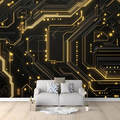 WHUOEUCO 3D Effekt Fototapete Goldene Abstrakte Leiterplatte 350x256 cm Vliestapete Foto Tapete Wandbild Motivtapete, Moderne Schlafzimmer Wohnzimmer Kinderzimmer Wandtapete