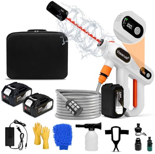 VESON-LON Kit de nettoyeur haute pression portable sans fil, moteur sans balais de 300 W, 3 niveaux de puissance avec 2 batteries 18 V, buse 5 en 1 et buse en spirale augmentant la pression, pour
