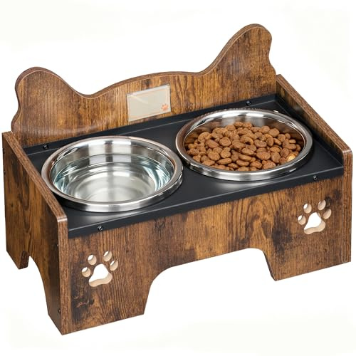 Hzuaneri Erhöhter Hundenapf, Enthält Zwei Edelstahlnäpfe Mit Spritzwassergeschütztem, Rutschfestem Und Quietschfreiem Design, Geeignet Für Kleine Und Mittelgroße Hunde, Vintage Braun PB01601B