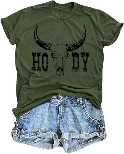 tiorhooe Cowgirl T Shirts for Women UK Bull Skull Short Sleeve Tee Shirts