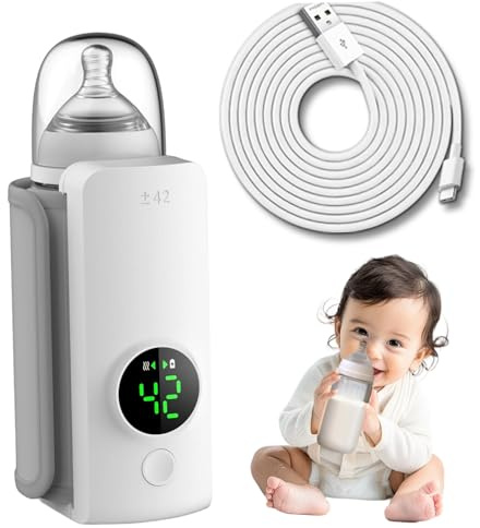 Réchauffeur de bouteille portable, chauffage rapide à 6-Temperatur Fast Cordless sans fil réchauffeur de bouteille, USB 6000mAh et affichage numérique pour le lait maternel Formule pour bébé
