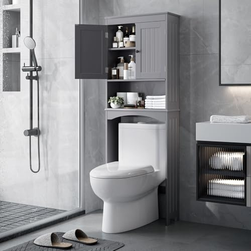 Bealife Toilettenregal, Regal über Toilette mit 3-stufigen verstellbaren Regalen, WC Überbauschrank Freistehend, Überbau Toilettenschrank mit Doppeltüren für Badezimmer (Grau)