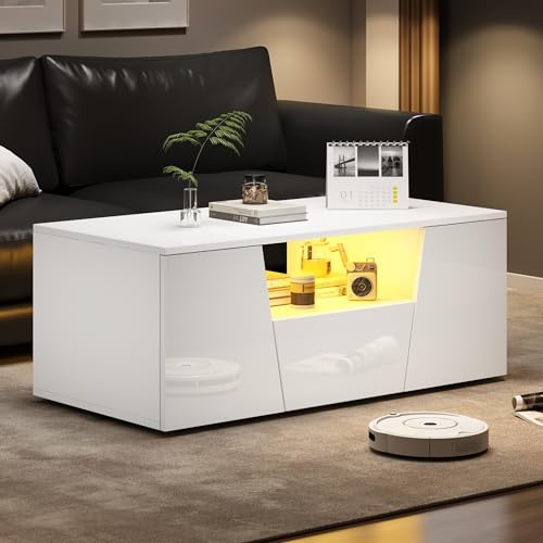 Merax Couchtisch Weiß, Wohnzimmertisch Hochglanz mit LED Beleuchtung, Moderner Beistelltisch Kaffeetisch mit 2 schränke, Schubladen, Offenem Fächer, rechteckiger Mitteltisch, Sofatisch für Büro