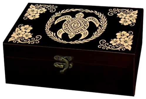arricraft 1 Stück Holz Erinnerungslager Box, gemusterte Schildkröte Seealgen Rechteck Pine Tarot Card Memory Box für Jubiläum Schmuck Aufbewahrung 24x14x9cm (9.45x5.51x3.54 Zoll)