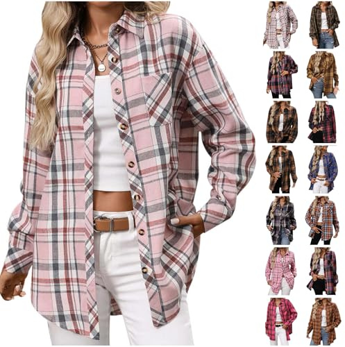 HAOLEI Womens Flannel Shirts, Ladies Tartan Checked Plaid Jackets Long Sleeve Button Down Blouses Tops Casual Smart Shirts Outfits Shackets Jacket with Pockets