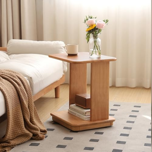 YESWOOD Beistelltisch Gummibaumholz mit Rollen 45x35x50 cm | C-förmiger Sofatisch mit offener Ablage, Kleiner Nachttisch flexibel neben Sofa und Bett nutzbar Wohnzimmer & Schlafzimmer