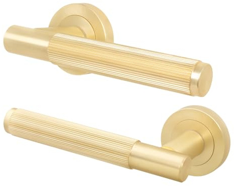 EAI Satin Brass Door Handles, 1 Pair Lever on Rose - Oruro | 1 Pair of Lever on Rose Internal Door Handles, Fixings Included