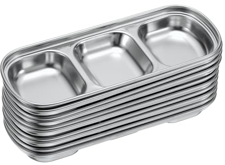 QUARKZMAN 10-pack rostfritt stål dip-skålar med 3 uppdelade rektangulära fack metall kryddskål för kryddor hem fest restaurang picknick resor silver