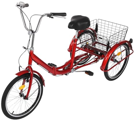 KKVUIIFF - 20 Inch Tricycle Adult, Folding Tricycle, 3 Wheel Bike with Basket, Adjustable Handlebars & Saddle, Cargo Trike for Shopping Cycling Pedalling