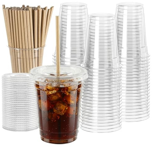 WUHUIXOZ [200 set -350ml Plastikbecher mit Deckel, verwendet für Eiskaffee, Milchshakes, Hochzeiten, Weihnachten, Partys und kalte Getränke…